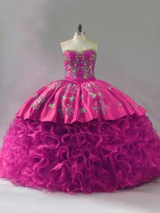 Perfect Fuchsia Sweetheart Lace Up Embroidery and Ruffles Sweet 16 Dress Sleeveless