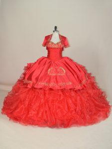 Red Lace Up Sweetheart Embroidery and Ruffles 15th Birthday Dress Satin and Organza Sleeveless Brush Train