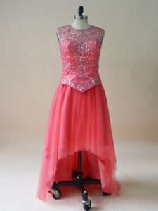 Captivating Scoop Sleeveless Prom Party Dress Beading Coral Red Tulle