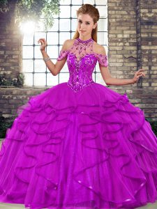 Ball Gowns Quinceanera Dress Purple Halter Top Tulle Sleeveless Floor Length Lace Up