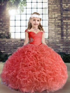 Fabric With Rolling Flowers Straps Sleeveless Lace Up Beading and Ruching Kids Formal Wear in Red
