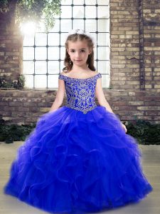 Beauteous Royal Blue Sleeveless Beading and Ruffles Floor Length Pageant Gowns For Girls