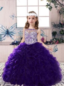Elegant Beading and Ruffles Little Girl Pageant Dress Purple Lace Up Sleeveless Floor Length