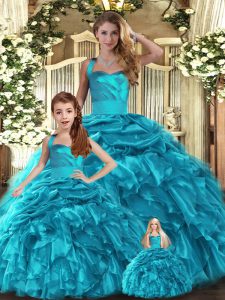 New Style Floor Length Ball Gowns Sleeveless Teal Quince Ball Gowns Lace Up