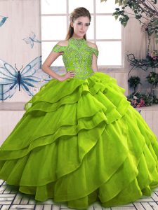Olive Green Ball Gowns High-neck Sleeveless Organza Floor Length Lace Up Beading and Ruffled Layers 15 Quinceanera Dress