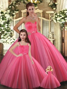 Most Popular Coral Red Sleeveless Tulle Lace Up 15 Quinceanera Dress for Sweet 16 and Quinceanera
