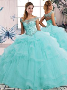 Fine Sleeveless Lace Up Floor Length Beading and Ruffles Quince Ball Gowns