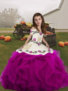 Stylish Fuchsia Ball Gowns Straps Sleeveless Organza Floor Length Lace Up Embroidery and Ruffles Pageant Gowns For Girls
