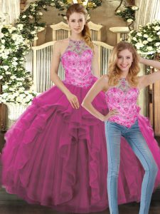 Fuchsia Two Pieces Halter Top Sleeveless Tulle Floor Length Lace Up Beading and Ruffles Sweet 16 Dresses
