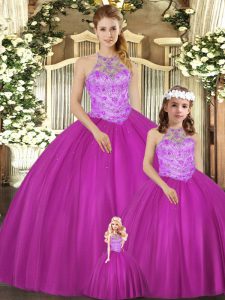 Edgy Fuchsia Tulle Lace Up Quinceanera Dresses Sleeveless Floor Length Beading