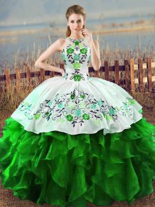 Lace Up Halter Top Embroidery and Ruffles Quinceanera Dresses Organza Sleeveless
