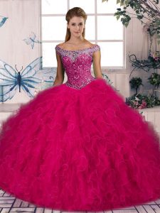 Eye-catching Hot Pink Lace Up Quinceanera Gown Beading and Ruffles Sleeveless Brush Train