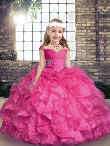 Hot Pink Ball Gowns Beading and Ruffles Kids Formal Wear Lace Up Organza Sleeveless Floor Length