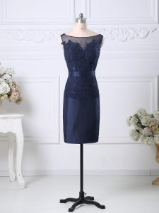 Inexpensive Knee Length Navy Blue Prom Dress Satin Sleeveless Beading and Lace