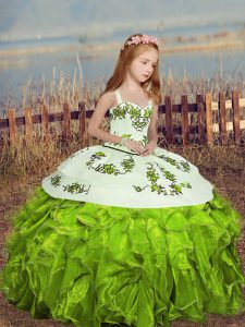 Straps Sleeveless Organza Little Girl Pageant Dress Embroidery and Ruffles Lace Up