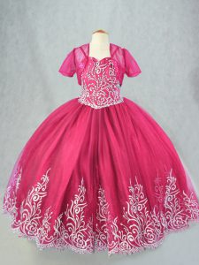Floor Length Ball Gowns Sleeveless Hot Pink Little Girl Pageant Dress Lace Up
