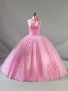 Floor Length Baby Pink 15 Quinceanera Dress Halter Top Sleeveless Lace Up