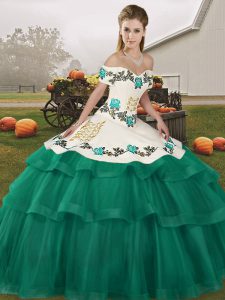 Modern Lace Up Sweet 16 Dress Turquoise for Military Ball and Sweet 16 and Quinceanera with Embroidery and Ruffled Layer