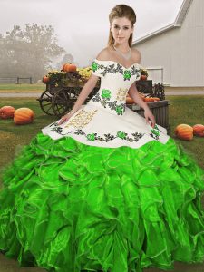 Green Sleeveless Floor Length Embroidery and Ruffles Lace Up Sweet 16 Dress