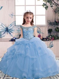 Light Blue Sleeveless Beading and Ruffles Floor Length Kids Pageant Dress