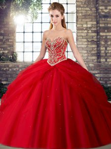 Lace Up Quinceanera Dress Red for Military Ball and Sweet 16 and Quinceanera with Beading and Pick Ups Brush Train