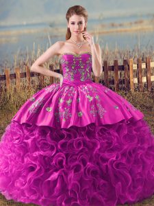 Fuchsia Sleeveless Embroidery and Ruffles Lace Up 15th Birthday Dress