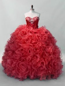 Fashion Red Ball Gowns Sweetheart Sleeveless Organza Floor Length Lace Up Sequins Quinceanera Gowns