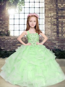Fashionable Apple Green Lace Up Little Girl Pageant Dress Beading and Ruffles Sleeveless Floor Length