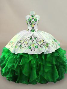 Green Organza Lace Up Halter Top Sleeveless Floor Length Sweet 16 Dresses Embroidery and Ruffles