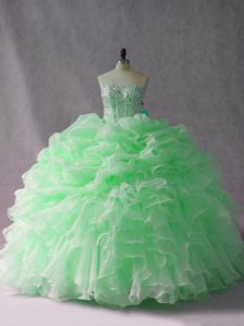 Apple Green Lace Up Strapless Beading and Ruffles Sweet 16 Dresses Organza Sleeveless Brush Train