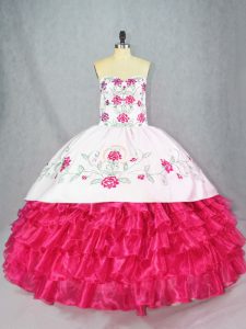 Hot Pink Sleeveless Embroidery and Ruffled Layers Quinceanera Gowns