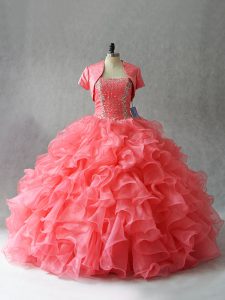 New Arrival Watermelon Red Strapless Neckline Beading 15 Quinceanera Dress Sleeveless Lace Up