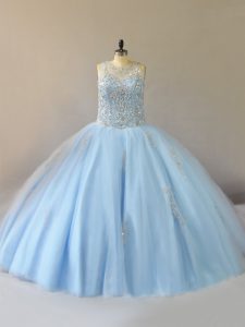 Light Blue Scoop Neckline Beading Quince Ball Gowns Sleeveless Lace Up