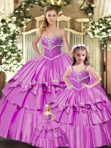 Floor Length Lilac Quince Ball Gowns Taffeta Sleeveless Beading and Ruffled Layers