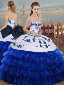 Cheap Royal Blue Ball Gowns Organza Sweetheart Sleeveless Embroidery and Ruffled Layers and Bowknot Floor Length Lace Up