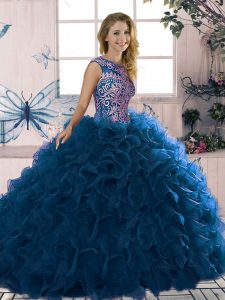 Custom Design Royal Blue Organza Lace Up 15 Quinceanera Dress Sleeveless Floor Length Beading and Ruffles