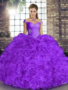Lovely Sleeveless Floor Length Beading and Ruffles Lace Up 15 Quinceanera Dress with Lavender