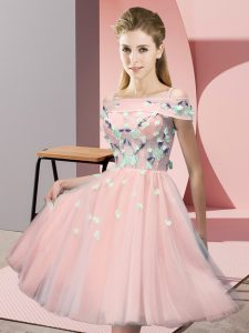 Fine Off The Shoulder Short Sleeves Bridesmaid Gown Knee Length Appliques Pink Tulle