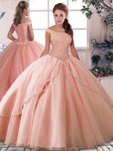 Peach Tulle Lace Up Off The Shoulder Sleeveless Sweet 16 Dress Brush Train Beading