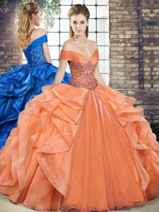 Luxury Off The Shoulder Sleeveless Lace Up 15th Birthday Dress Orange Organza