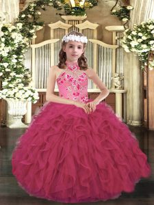 Trendy Floor Length Ball Gowns Sleeveless Hot Pink Little Girls Pageant Gowns Lace Up