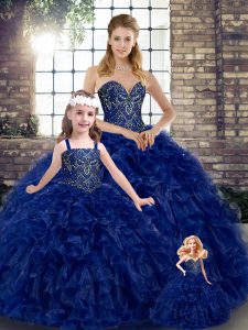 Elegant Royal Blue Ball Gowns Sweetheart Sleeveless Organza Floor Length Lace Up Beading and Ruffles Sweet 16 Quinceaner