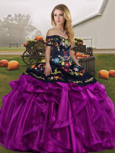 Sexy Black And Purple Off The Shoulder Neckline Embroidery and Ruffles Quinceanera Gowns Sleeveless Lace Up
