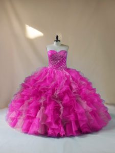 Sweet Sleeveless Organza Floor Length Lace Up Quinceanera Dresses in Fuchsia with Beading and Ruffles