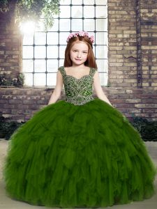 High Quality Beading and Ruffles Custom Made Pageant Dress Olive Green Lace Up Sleeveless Floor Length