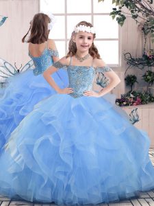 Fancy Blue Lace Up Straps Beading Little Girl Pageant Dress Tulle Sleeveless