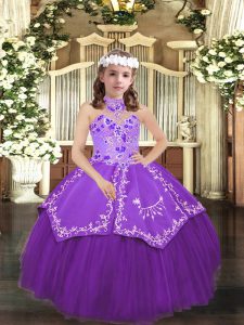 Ball Gowns Child Pageant Dress Eggplant Purple Halter Top Tulle Sleeveless Floor Length Lace Up