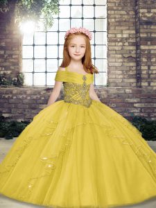 Floor Length Lace Up Little Girl Pageant Dress Yellow for Party and Sweet 16 and Wedding Party with Beading