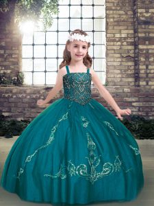 Teal Sleeveless Floor Length Beading Lace Up Kids Pageant Dress