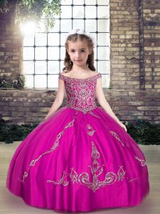 Fuchsia Lace Up Little Girl Pageant Gowns Beading and Appliques Sleeveless Floor Length